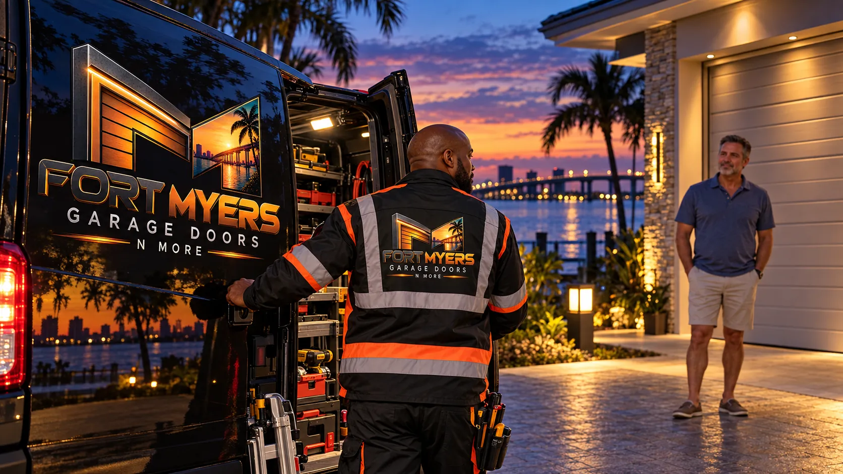 At dusk, a technician in a reflective jacket at the open back doors of a black van with the company logo; the homeowner waits by his lit garage, and a lit bridge crosses the river behind them