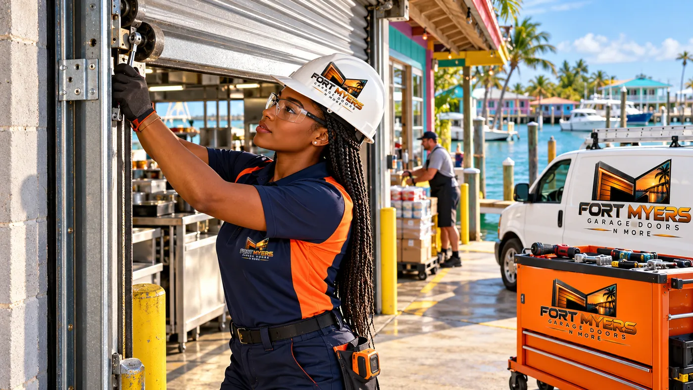 A technician in a hard hat working on a steel roll-up door at a waterfront restaurant kitchen, a marina behind her