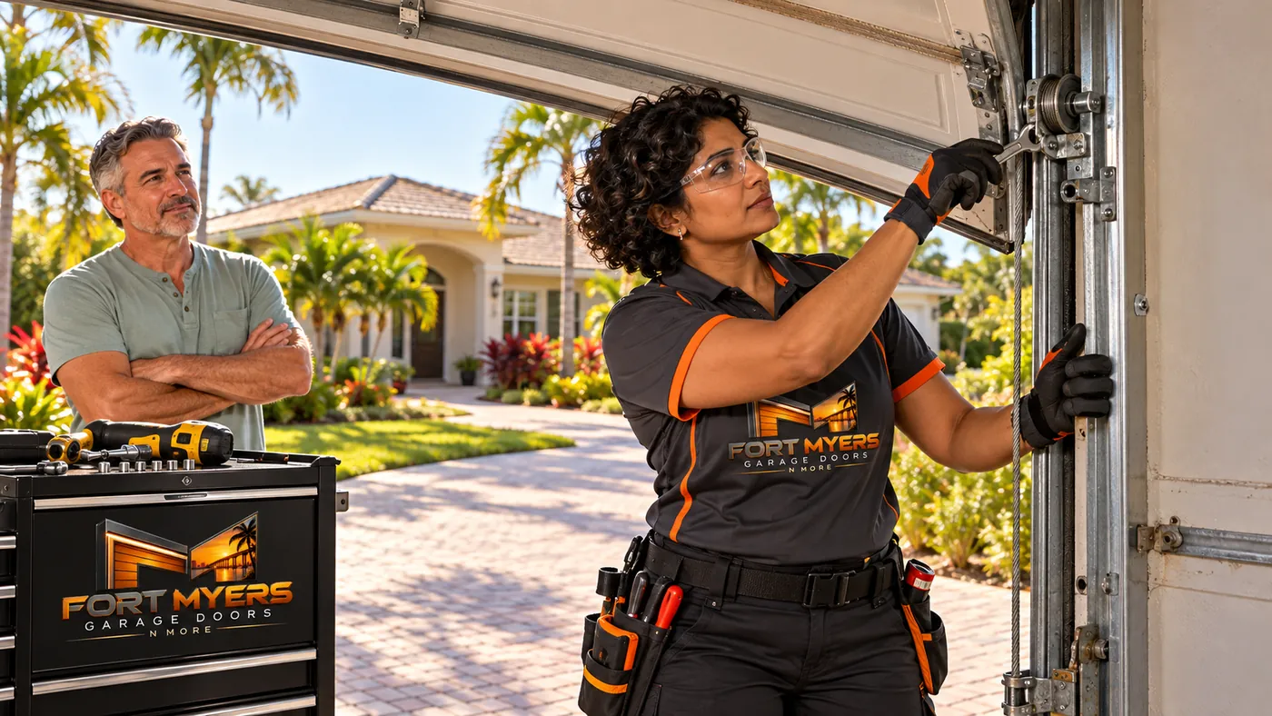Technician adjusting the bracket and cable drum at the top of an open garage door, where the torsion spring sits, while the homeowner watches