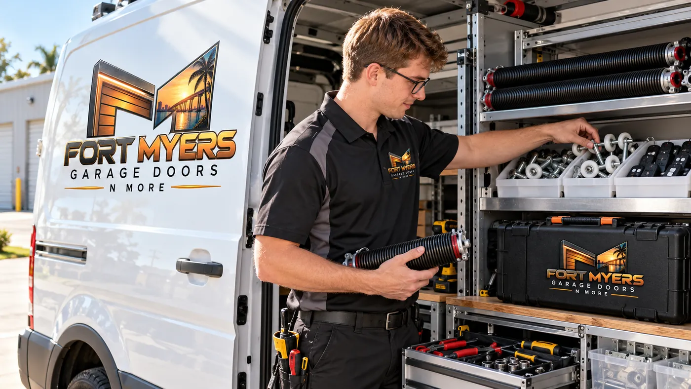 Technician in glasses holding a torsion spring at the open side of a white van, its shelves stocked with springs, rollers and remotes