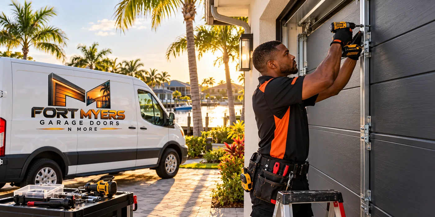 Technician on a stepladder fastening hardware to a charcoal-gray sectional garage door, a canal with boats and palms at sunset behind him