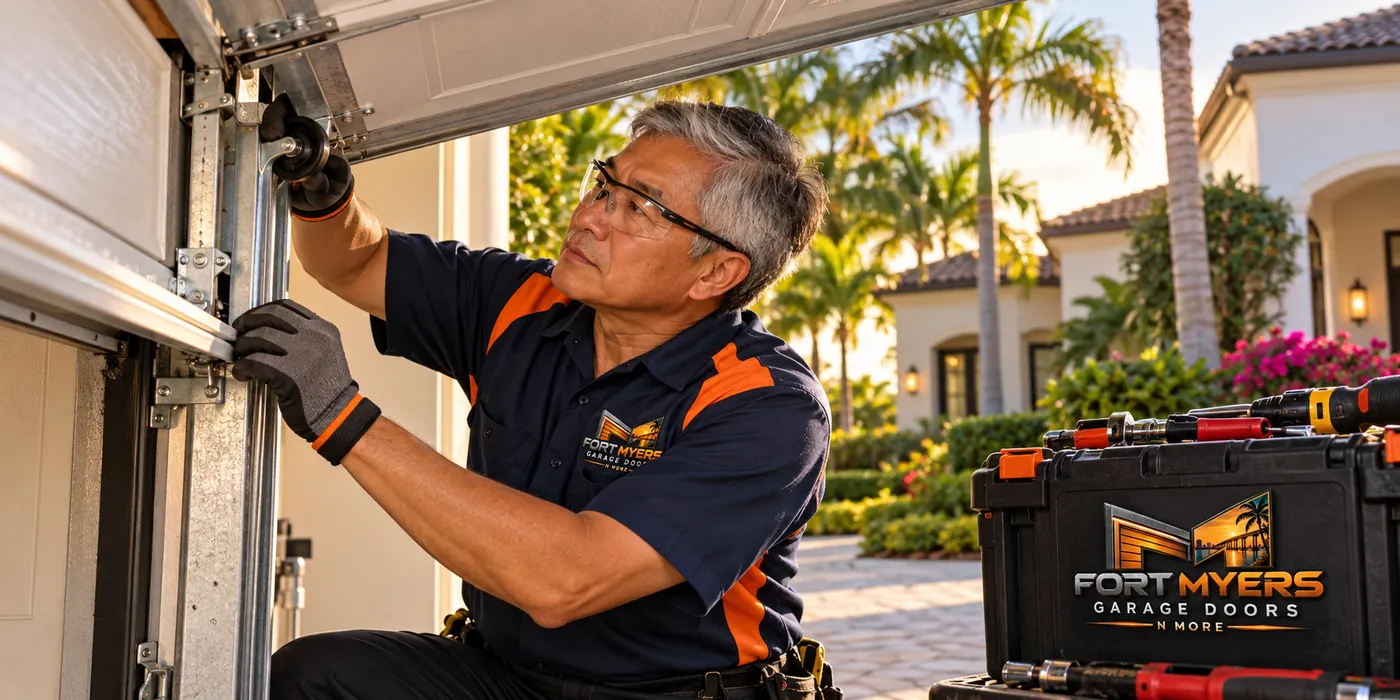 Technician in safety glasses fitting a roller into the side track of a white garage door