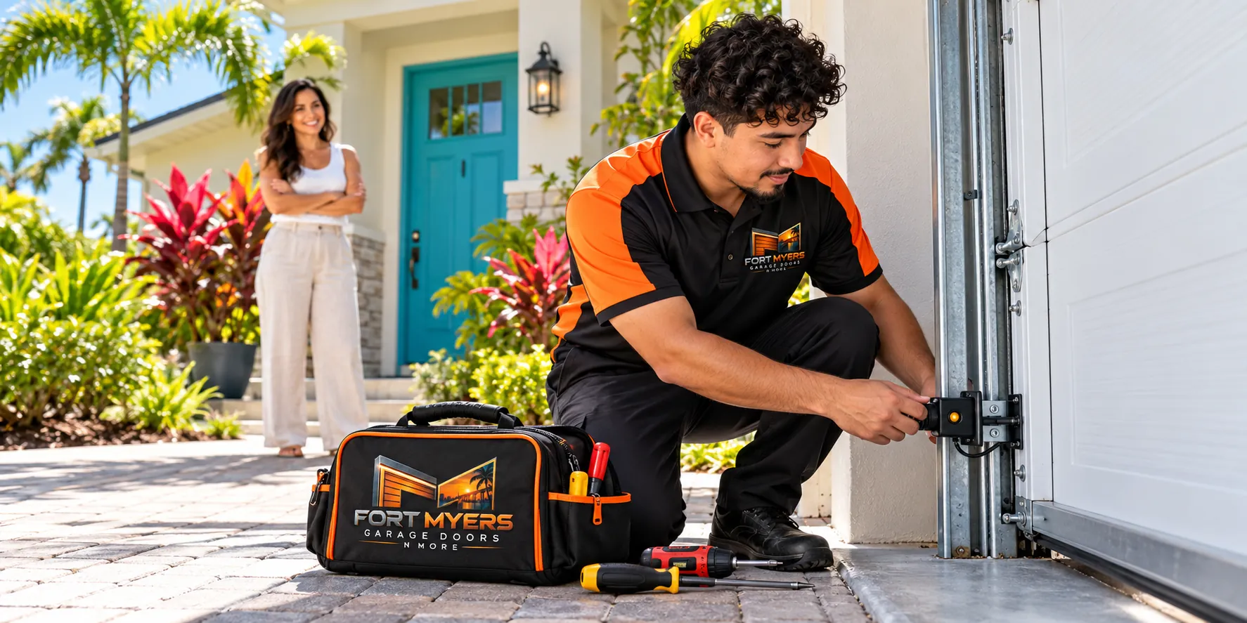 A young technician kneels at the foot of the garage door track to install a safety sensor, while the homeowner stands by her turquoise front door
